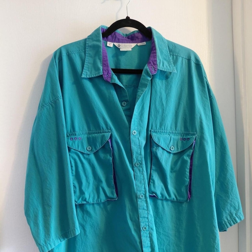 Vintage Columbia Sportswear XL Turquoise Purple Fishing Shirt Y2K Gorpcore